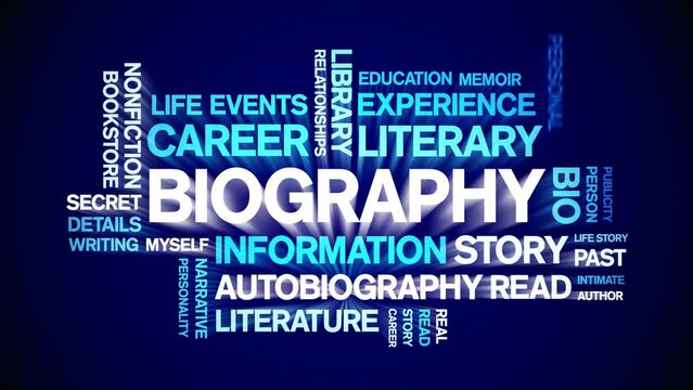 Biography animated tag word cloud;text design animation kinetic typography seamless loop.