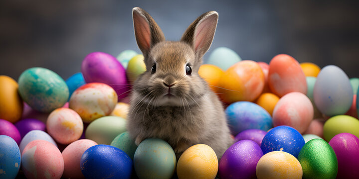 Happy Easter eggs easter bunny 4K HD AI Generated Images for Wallpaper and easter wishes ,Easter bunny and colored eggs in the forest on a dark background generative ai
