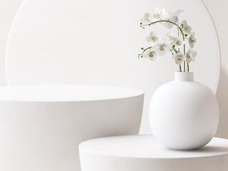 Two modern white side table podium with flower in vase in sunlight on white round background. Luxury cosmetic, skincare, beauty, body, hair care, treatment, fashion product display background 3D