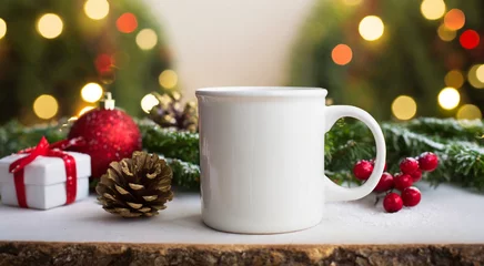 Deurstickers White ceramic coffee cup and christmas decoration on woon table background. mockup for creative advertising text message or promotional content. © Head