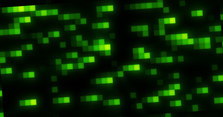 Abstract green retro pixel hipster digital background made of moving energy brick squares on a black background