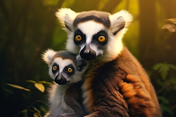 Obraz premium lemur with his cub on background of nature