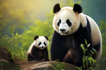 Schilderijen op glas panda bear and her cub baby in the wild life nature © Marina Shvedak