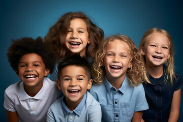 group portrait of happy and smiling children of different races and nationalities isolated on blue background - obrazy, fototapety, plakaty