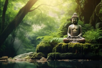 meditating buddha stone statue in green zen environment for yoga and relaxing spa 