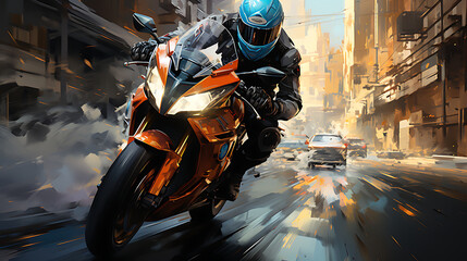 The figure of a player running on a motorcycle very fast, an abstract background.
Generative AI