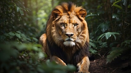 portrait of a lion in a jungle photo