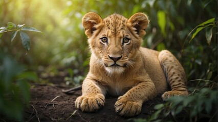 portrait of a lion cub in a jungle