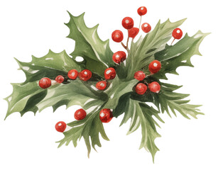 Holly berries watercolor winter botanical leaf branch for chrismast 