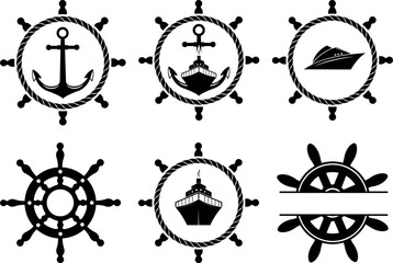 set of Steering Wheels . Silhouette of a vintage sailing ships helm, Black hand drawn Nautical Vector Logo Icon of Maritime Illustration .