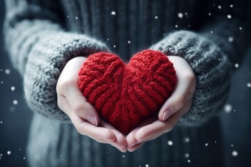 Fototapeta premium Beautiful Knitted red heart shape on background.