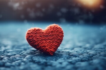 Fototapeta premium Beautiful Knitted red heart shape on background.