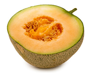 Cantaloupe melon cut in half on white background. Sweet Orange Melon isolate on white with clipping path.