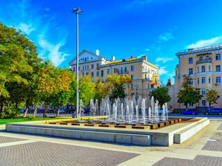City fountain on Lenin Square in front of the Astrakhan Kremlin, Astrakhan, Russian.