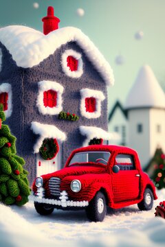 Red retro car in front of vintage house on Christmas Eve. Wool knitted winter holiday scene . Generative AI