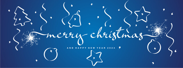 Marry Christmas and Happy New Year 2024 ribbon shape hand calligraphy Christmas symbols and snowflakes sparkler firework light white blue background banner. Christmas greeting card