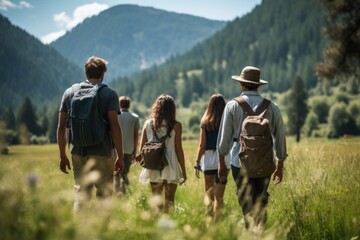 Group of family go hiking mountain together.