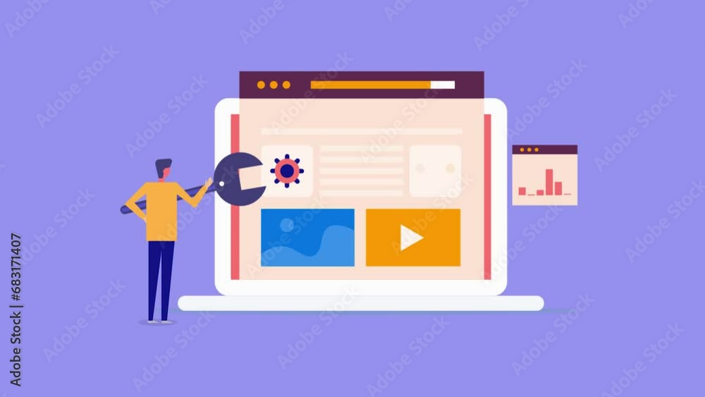 Poster man with content tool, blog optimization website management cms, seo strategy data analytics digital