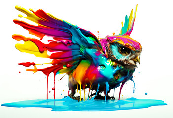 Fototapeta premium Fantasy digital art of owl flying with multicolored liquid splash in surface.funny animal in surreal surrealism ideas.creativity and inspiration background