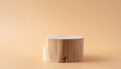 Round wooden saw cut cylinder shape on beige background abstract background. Minimal box and geometric podium. Scene with geometrical forms. Empty showcase for eco cosmetic product