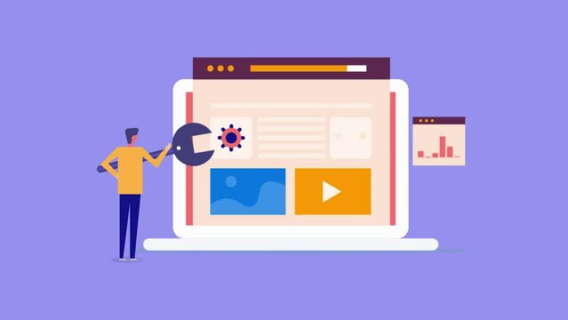 Man with content tool, blog optimization website management CMS, SEO strategy data analytics digital business conceptual video animation.