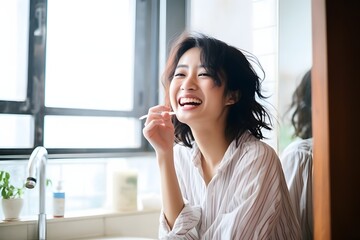 Morning Routine Woman Sitting in Bathroom Brushing Teeth with Toothbrush and Toothpaste Generative AI