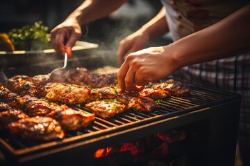 Outdoor BBQ Person Grilling Delicious Food on a Hot Summer Day with a Spatula in Hand Generative AI