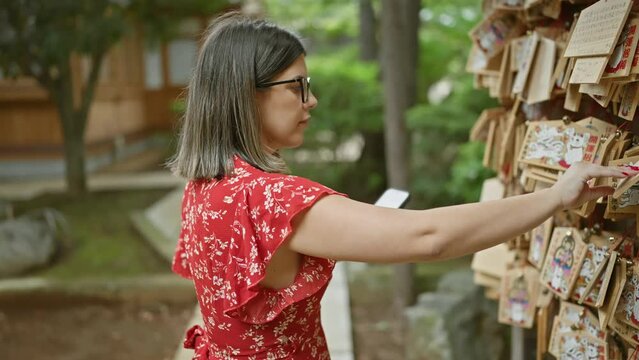 Beautiful hispanic woman in glasses capturing ema prayer boards at japanese gotokuji temple, preserving tradition through a smartphone lens