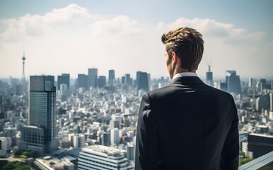Fototapeta na wymiar Successful Businessman in a Suit Contemplating the Cityscape from a High-rise Building Generative AI