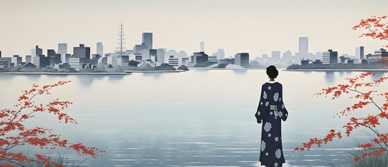 Serene Woman in Traditional Kimono Gazing at Cityscape from Rocky Outcrop Generative AI