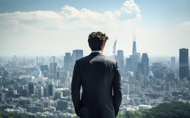 Obraz premium Successful Businessman in a Suit Contemplating the Cityscape from a High-rise Building Generative AI
