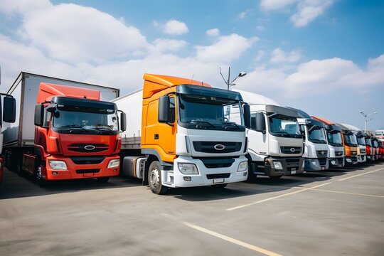 Row of Parked Trucks in a Commercial Parking Lot with Copy Space for Text or Logo Placement Generative AI