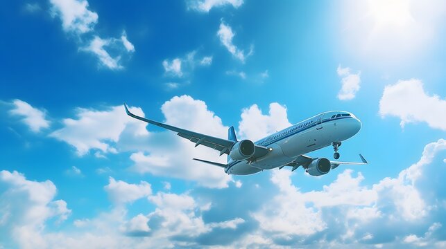 Commercial airliner soaring through fluffy white clouds against a blue sky backdrop Generative AI
