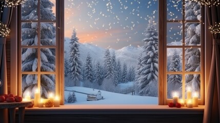 Empty space for display of window with snow in winter season background.