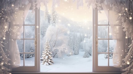 Empty space for display of window with snow in winter season background.
