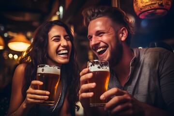 Happy couple enjoying a cold beer together at a cozy bar with warm lighting and rustic decor. Generative AI