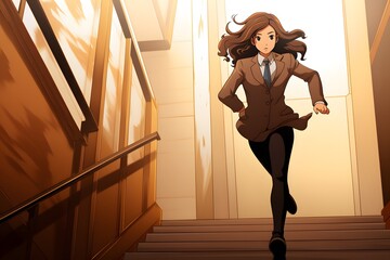 Businessman Anime Character Running Down Stairs in a Rushed Manner Wearing a Suit and Tie Generative AI
