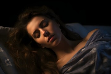 Naklejka premium Relaxed young woman enjoying a peaceful nap in bed with closed eyes and serene expression Generative AI