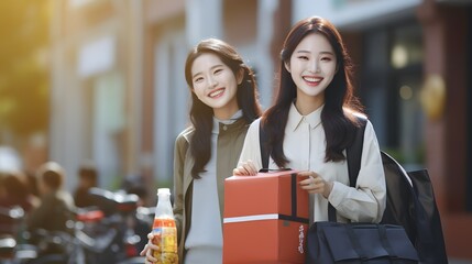 Two Asian Women Walking Down the Street Carrying a Red Box on a Sunny Day in the City Generative AI