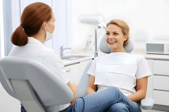 Relaxed Patient Sitting in Dental Chair with Dentist in Background Providing Professional Care and Treatment Generative AI