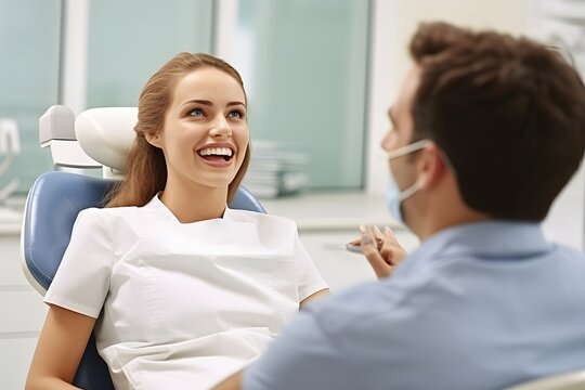 Happy Patient Sitting Comfortably in Dental Chair with Friendly Dentist Performing Checkup and Cleaning Teeth Generative AI