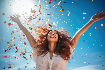 Happy woman raise hand to sky with confetti fall.