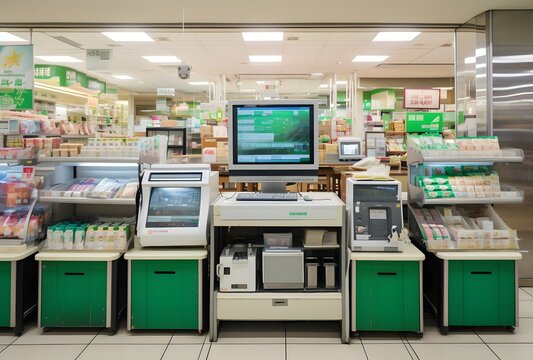Modern Retail Technology Cash Register with Monitor Display in a Store Setting Generative AI