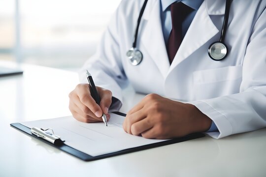 Experienced male doctor taking notes on a clipboard with a pen during a patient consultation in a medical clinic. Generative AI