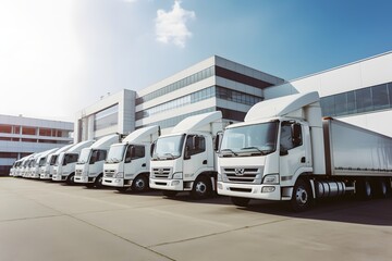 Row of White Delivery Trucks Parked in Front of Commercial Building on a Sunny Day Generative AI