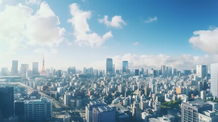 Obraz premium Skyline of a bustling metropolis with towering skyscrapers and urban architecture in a panoramic aerial view Generative AI