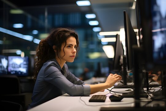 Focused young woman typing on computer keyboard while sitting at desk with monitor in modern office space Generative AI