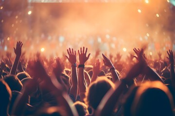 Crowd of Excited Fans Raising Their Hands in the Air at a Music Festival Concert Generative AI