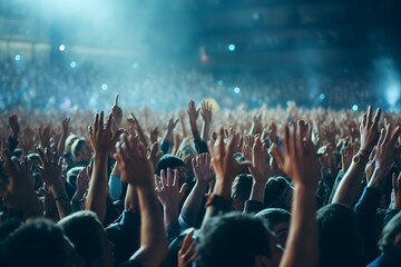 Fototapeta na wymiar Crowd of Diverse People Raising Hands in Excitement and Celebration at an Event or Concert Generative AI