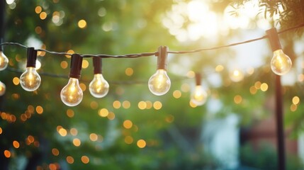 Many light bulbs hang on tree in garden. - obrazy, fototapety, plakaty